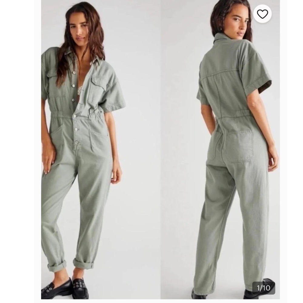We The Free Free People Sage Green Utility Jumpsuit Short Sleeve Button Front M